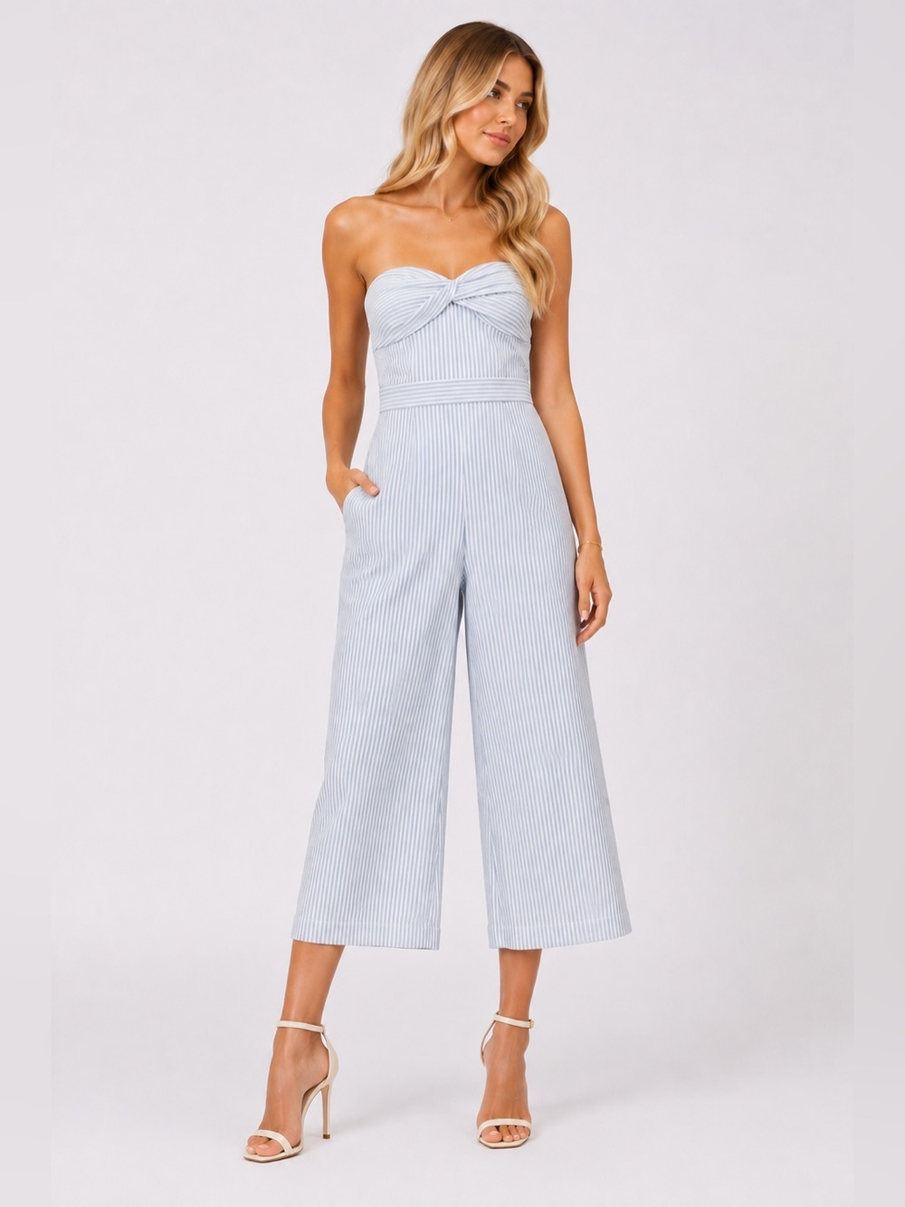 Veronica Beard Strapless Blue and White Pinstripe Jumpsuit